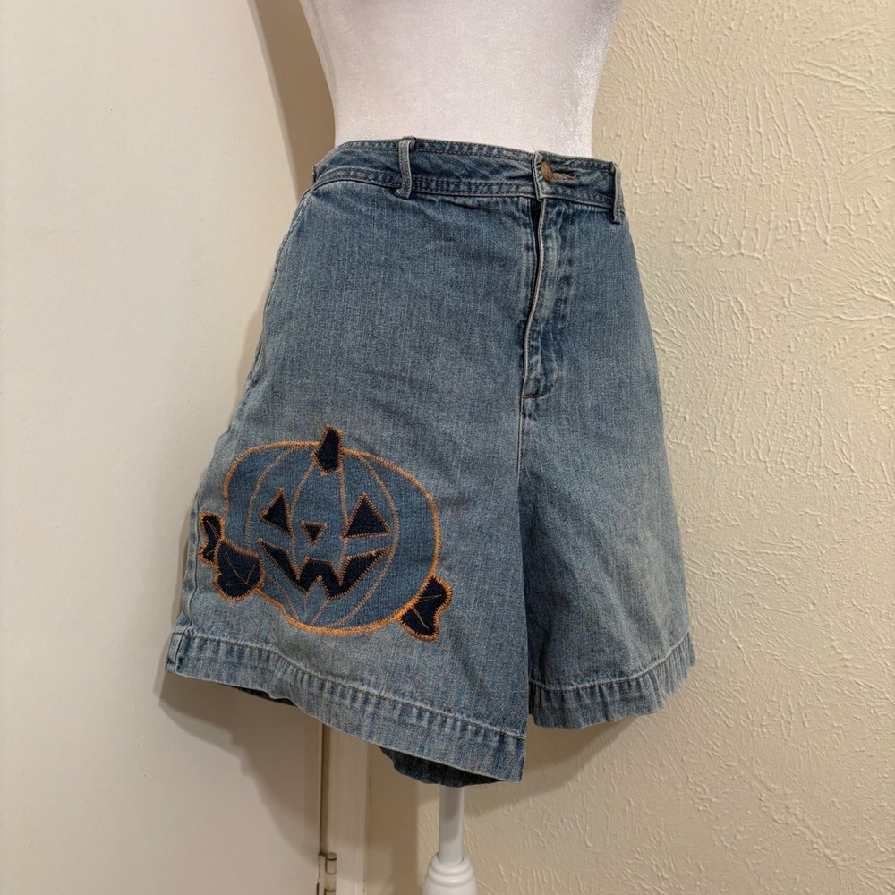 Halloween Pumpkin jack o lantern Fall Embroidered Denim Blue Jean Shorts Sz 12